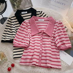 Hnewly Korean Contrast Stripe T-shirt Cardigan 2025 New Summer Women's Commuting Fashion Buttons Lapel Shirt Slim Versatile Top Trend