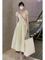 Hnewly Woman Dress Puff Short Sleeve Square Collar Ruffles Patchwork Sweet Elegant Fashion Princess Female Casual Dresses