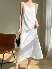 Hnewly Satin Jacquard Slip Dress for Women Summer Sexy Hollow Out Sleeveless Midi Dress Y2K Korean Elegant Beach Party Vestidos New