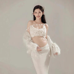 Hnewly White Knitted 3pcs Maternity Photo Shoot Outfit Sweet Simple Set for Pregnant Women Studio Photography Portrait Shooting Clothes