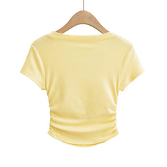 Hnewly Summer sexy t shirts for women short sleeve tees black korean fashion t shirt v neck top pink ruched white crop top y2k fashion
