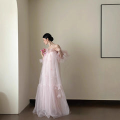 Hnewly Women Photography Props Pink Korean Off-shoulder Wedding Dresses Pregnancy Maternity Dress for Studio Photoshoot Accessories