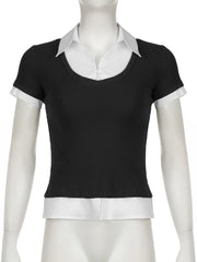Hnewly Casual Slim Patchwork T Shirt Fake 2 Piece Basic Turn-Down Collor Short Sleeve Tees Women 2024 Summer Fashion Streetwear