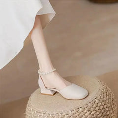 Hnewly Sandals for Women Outdoor Summer Beige Round Toe Tip One Word Block Heel Buckles Ladies Shoes Office Work Footwear Sale F H
