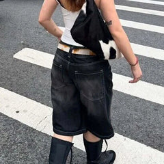 Hnewly Y2k Bermuda Denim Shorts Low Waist Loose Fit Baggy Jorts with Pockets Summer Vintage Wide Leg Jeans Cyber Grunge Streetwear