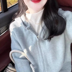 Hnewly Milk Fufu Lazy Blue Double Zipper Hooded Knitted Cardigan Women's Autumn and Winter Design Sense Short Sweater Jacket