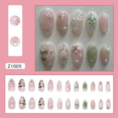 Lunivop 24pcs Summer Sweet Pink Roses Flower Medium Long Almond Nail Art Nails Set Press on Acyrlic Fake Nails Set Nail Tips with Charms