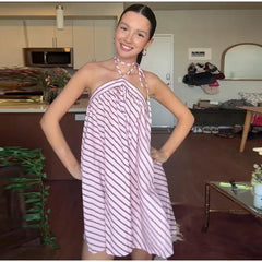 Hnewly Loose Striped Halter Short Dress Women Chic Lace Up Sleeveless Backless A-line Beach Dresses Summer Lady Holiday Robes