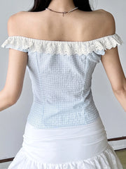 Hnewly Sweet Cute Plaid Lace Spliced Slim Fit Women Camisole Tops Bow Button Ruched Fashion Trendy Chic Blouses