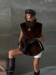 Hnewly Street Faux Fur Shawl Women Fashion Turtleneck Sleeveless Crop Female Coat Autumn Winter Casual Loose Irregular Lady Coats