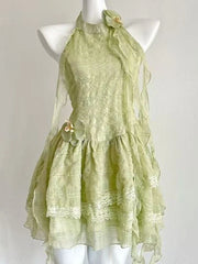 Lunivop Y2K Sweet Chic Dress Women Slim Fit Waist Cinched Lace Halter Neck Sleeveless Mini Dress Summer Harajuku Fashion Outfit