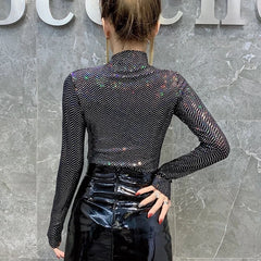 Hnewly Shinny Sequin T Shirt Women Sexy Basic Turtleneck T Shirt for Women Long Sleeved Slim Tight T-Shirt Femme Tee Shirt