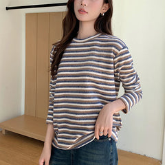 Hnewly Casual Striped Women's Pullovers Spring Autumn Crew Neck Long Sleeve Knitted Sweater Woman Soft Loose Bottoming Tops Women
