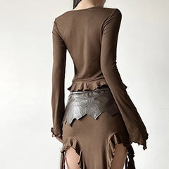 Hnewly 2025 spring fashion trend y2k Fairy Grunge Top Women Clothes Solid Color V Neck Flared Long Sleeve Ruffle Asymmetrical Hem T Shirt Streetwear