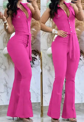 Hnewly Jumpsuit Women Sexys Turn Down Collar Sleeveless Skinny Flared Jumpsuits One Piece Outfit Fashion Clothes Overall Rompers