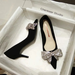 Hnewly New Fashion Bowknot Pointed Toe High Heels Pumps Women's Stiletto White Pearl Bridal Wedding Shoes Banquet Party Dress Shoes
