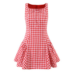 Lunivop Sexy Red Gingham Plaid Mini Sleeveless Dress Women Bow O Neck Zipper Back Low Waist Ruched Hem Swing Tank Dresses Vestidos Black