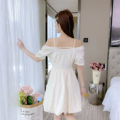 Hnewly Women's Off Shoulder Spaghetti Strap Puff Sleeve Mini Dress White Textured Fabric Drawstring Waist Casual the dress black dress white dress