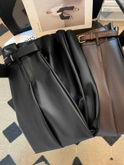 Hnewly Women's A-line Brown Pleated PU Skirt Vintage 90s Aesthetic Y2k Grey Long Skirt Harajuku Korean Skirts 2000s Clothes