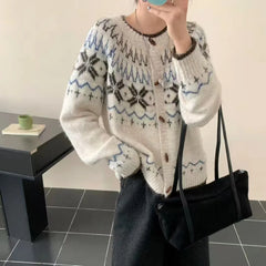 Hnewly Soft Knit Button Up Cardigan Women Fair Isle Sweater Jacket Ladies Teen-Girl Fall Winter Christmas Knitwear Casual Chic Outfit