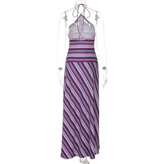 Hnewly Women Striped Halter Slim Fit Maxi Dress Elegant Off-shoulder Backless High Waist Dresses Lady Daily Commute Street Wears