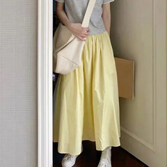 Hnewly Summer White A Line Skirt Women Korean Fashion Elastic Waist Pleated Long Skirt Woman Solid Color Pocket Mid Skirts Feamle