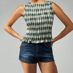 Hnewly Women Tank Tops y2k Clothes Summer Plaid Print Crew Neck Sleeveless Pleated T Shirts Vest Streetwear for Casual Daily