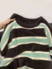 Hnewly Soft Striped Mid Length Sweater Women's New Autumn Winter Loose Knit Top Elegant Round Neck Long Sleeved Versatile Pullover