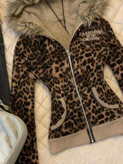 Hnewly Streetwear Leopard Letter Printing Punk Jackets Women Y2k Aesthetic Furry Patchwork Hooded Coats Grunge Loose Vintage Jacket