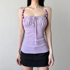 Hnewly Elegant Solid Folds Camis Vintage 2000s Skinny Strap Crop Tops Women Holiday Style Transparent Mesh Tees Ladies y2k Vest