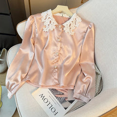 Hnewly Elegant Satin Spliced Lace Shirt Women French Style Summer 2025 Doll Collar Pearl Single Breasted Light Luxury Long Sleeve Tops