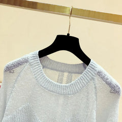 Hnewly Semi Sheer Mohair Knit Sweater for Women See-through Bell Sleeve Crewnek Pullover Women Spring Autumn Teen-girl Faircore Outfit