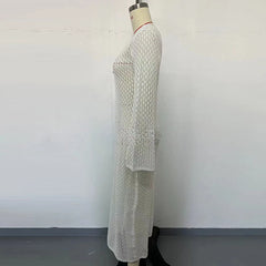 Hnewly Sexy Women White Long Knit Sleeve Bikin Fashion Cover Up Female See-Through Deep V-Neck Hollow-Out Beach Knitwear Backless Dress