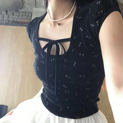 Hnewly Cute y2k Floral Print Crop Top Chic Bandage Square Collar Puff Sleeve T Shirts Vintage Women Summer Shirts Korean Fashion