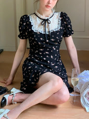 Hnewly French Elegant Floral Print Dress Women Casual Lace Patchwork Short Sleeve Black Dress Evening Party Korean Fashion Clothing