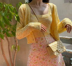 Hnewly Two Piece Sets Womens Outifits Autumn New Knitwear Cropped Cardigans + Tanks Simple All-match Korean Style Ins Young Girls Solid