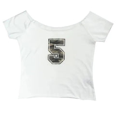 Hnewly Number 5 Print Off Shoulder T-shirt for Women Sexy Crop Top Slim Fit Tee Shirt Summer New Short Sleeve Tops Mujer