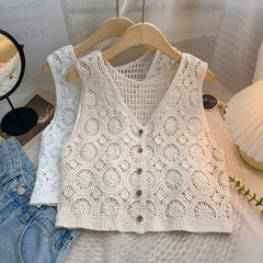 Hnewly Women Summer Hollow Out Knit Vest French Style V-Neck Sleeveless Hooked Flower Sweater 2023 New All-Match Outwear Short Top