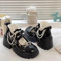 Hnewly Sweet Heart-Shaped Buckle Lolita Shoes Women Patent Leather Platform Mary Janes Woman Metal Decoration Chunky Heels Pumps