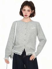 Hnewly Lace Patchwork Retro Cardigan Women Streetwear Long Sleeve O Neck Knitted Sweaters American Casual Letter Vintage Fall Tops