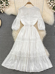 Hnewly DRESS TO IMPRESS Sweet Style Y2K Vestidos Summer New Women's Dress Lace Hollow Out Patchwork Solid Color High Waist Dresses