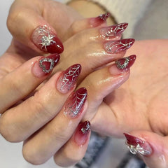 Hnewly Almond Red Press-on Nail Silver Spiderweb Pattern Heart Decor Artificial Nail for Women and Girl Party Activity