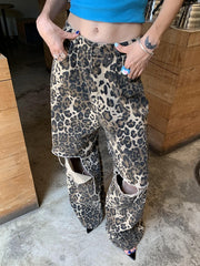 Hnewly Leopard Ripped Wide Leg Jeans For Women High Waist Patchwork Button Loose Fashion Denim Pant Female Clothing New