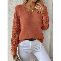 Hnewly Long Sleeve Pointelle Knit Top Pullovers Women Sweater Openwork Long Sleeve V-neck Jumper Fall Winter Blusas Para Mujer Outfit