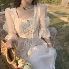 Hnewly Spring Summer New French Style Women Dress 3/4 Sleeve Fairy Casual Long Dress Square Collar Patchwork Lace Party Dress