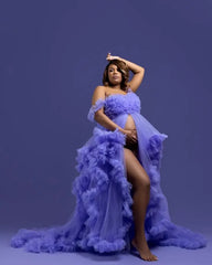 Hnewly Unique Peacock Blue Pregnancy Dresses Ruffles Soft Tulle Robes for Pregnant Woman Open Front Elastic Waist Maternity Dress