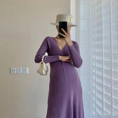 Hnewly Maternity Wear Autumn And Winter Fashion Pregnant Women Dresses V-neck Sweater Knitted Tie Dress Vestidos De Mujer Casual