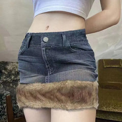 Hnewly Y2k Vintage Denim Skirt Women Sexy Harajuku Fur Patchwork Mini Skirts Retro Slim Up Streetwear A-line Short Skirts