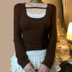 Hnewly Patchwork Fake Two-piece T-shirt Autumn Winter Furry Stitching Full Sleeve Elastic Knitwears Korean Style T Shirts Casual