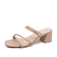 Hnewly Women Sandals Ladies Square Heels Elegant Summer Slippers Outside Cross Tied Leather Female Slides Fashion Woman Sandals